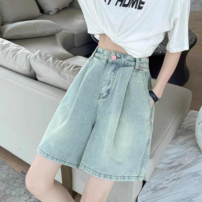 Vapetix ●S Recommend 80-98-●2XL Suggested 130-145 Chic Women's 5-Pocket Denim Shorts 2025 Summer High-Waisted Loose Fitting Slimming Petite A-Line Wi – Bild 6