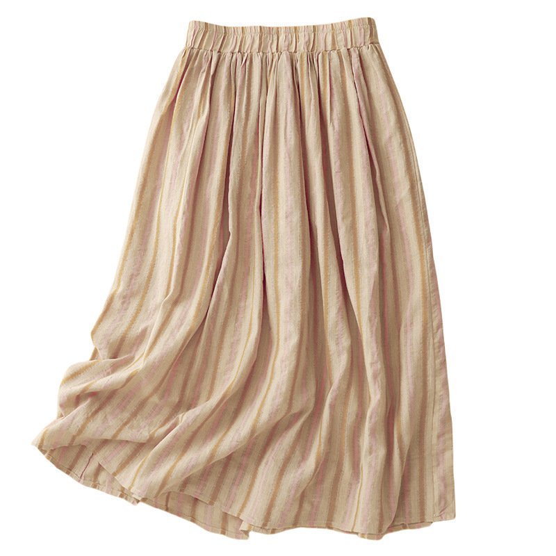 Vapetix L-2XL Women's Loose Relaxed A-line Semi-calf Maxi Skirt with Elastic Waist, Striped, 100% Cotton, Fashion - 图片 7