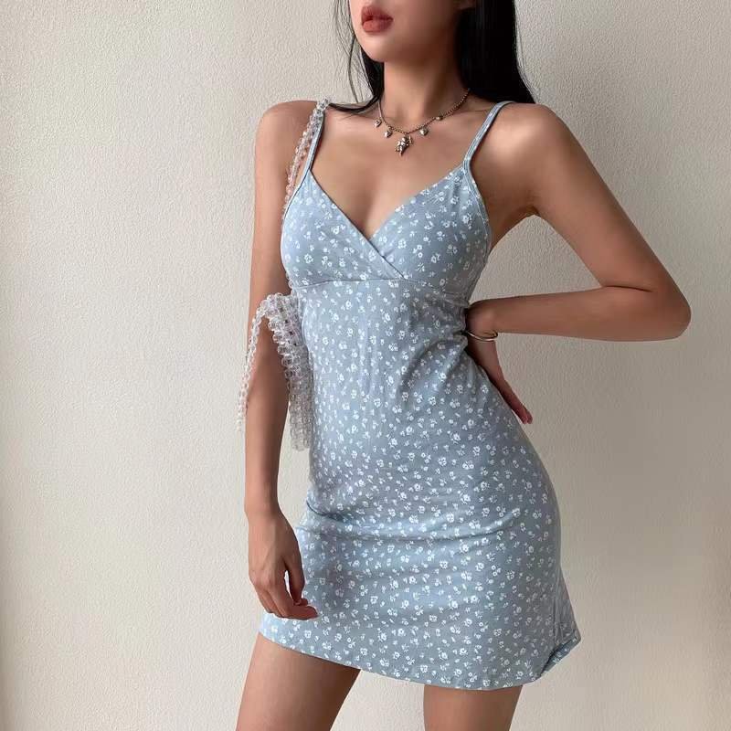 Vapetix S-XXL European and American pure desire retro printed V-neck strap dress women's summer 2025 new floral s