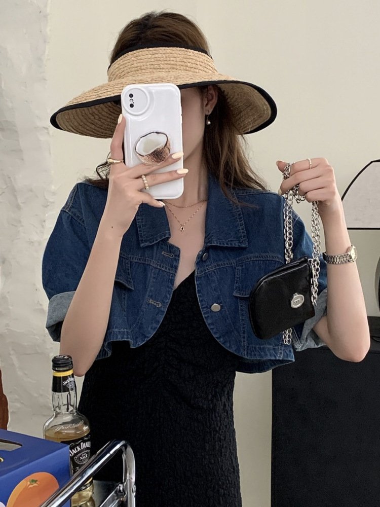 Vapetix ●●XS recommends 75-90 pounds-●●XL Suggests 120-135 Pounds Canton-style short-sleeve denim cardigan high-waisted short jacket for women, summer versatile top, – Bild 3