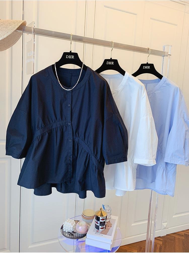 Vapetix S-3XL 1688 Summer Korean Design Small Size Loose Asymmetric Pleated Splicing Doll Shirt Women's Trendy – Bild 7