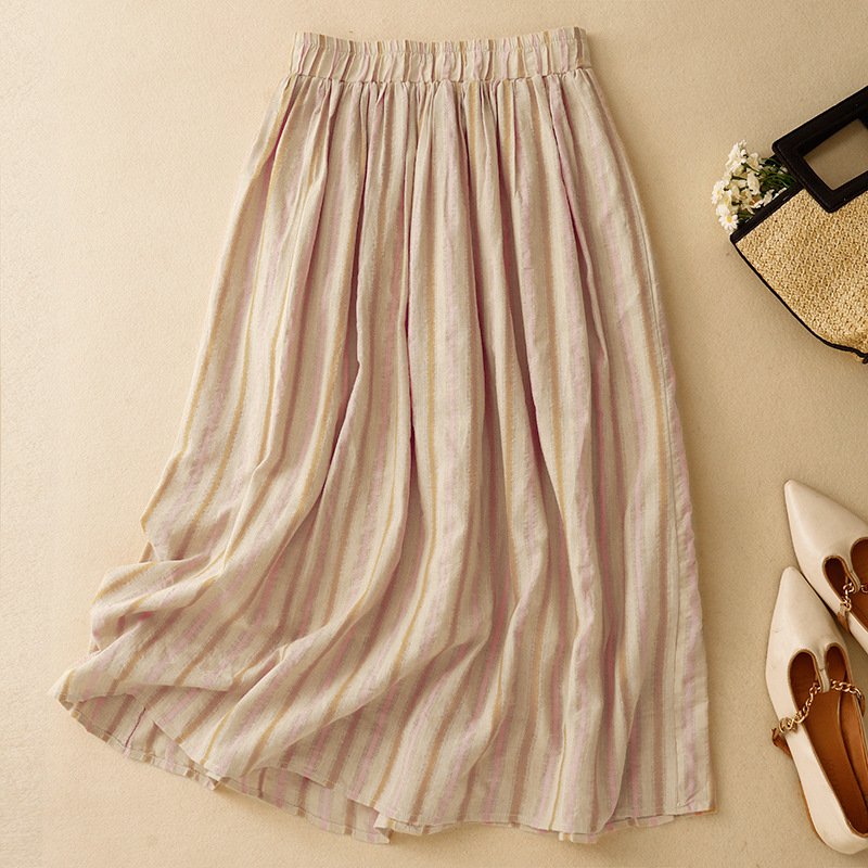 Vapetix L-2XL Women's Loose Relaxed A-line Semi-calf Maxi Skirt with Elastic Waist, Striped, 100% Cotton, Fashion - 图片 8