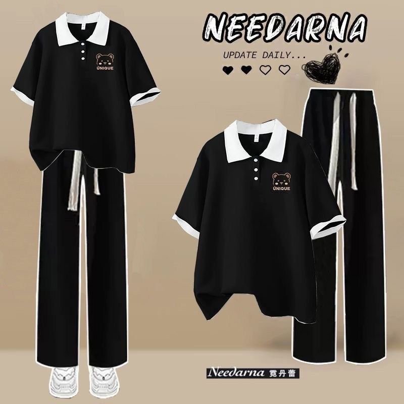 Vapetix ❀✿❀❀✿❀ ❁S Recommend within 85 lbs-❀✿❀❀✿❀ ❁2XL Suggests 131-155 lbs Summer Set Women's Student Korean Style Loose Fit Slimming Polo Neck T-shirt + Jeans College Style – Bild 5