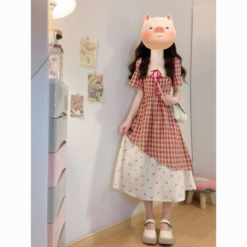 Vapetix S-XL Summer New Japanese Sweet Youthful Red Checkered Dress Lace Splicing Cherry Floral Print Two-Piece – Bild 7