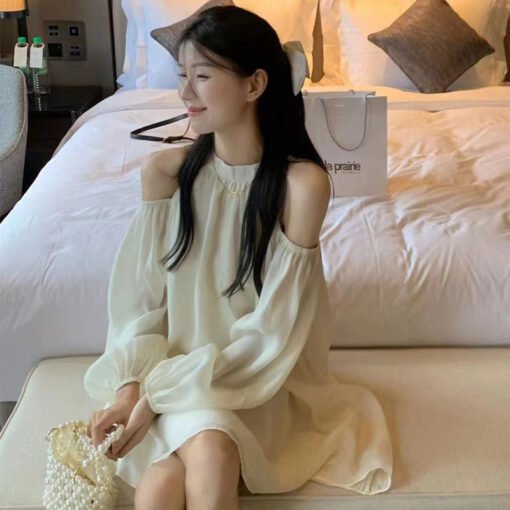 Vapetix S-2XL  Shoulder-Strap V-Neck Design Sensory Dress Autumn 2024 New Loose Fashion Elegant White A-Line Skirt – Bild 4