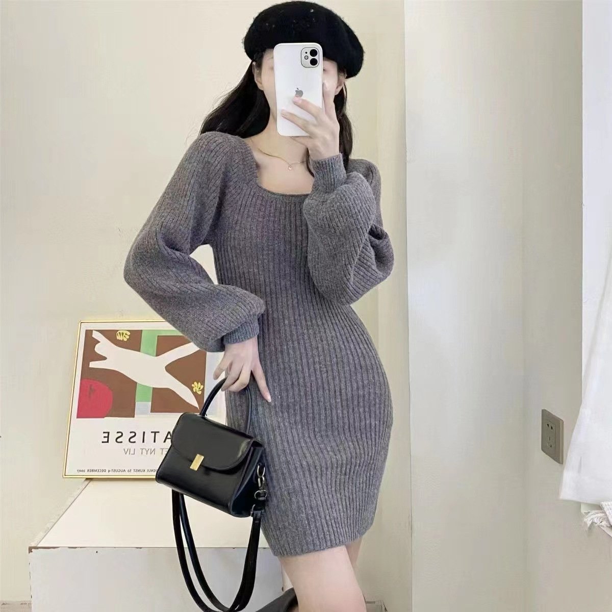 Vapetix Free Size-Free Size Tmall Quality French Style Petite Knit Autumn/Winter Design Lantern Sleeve Fashion Fitted Bodycon D – Bild 8