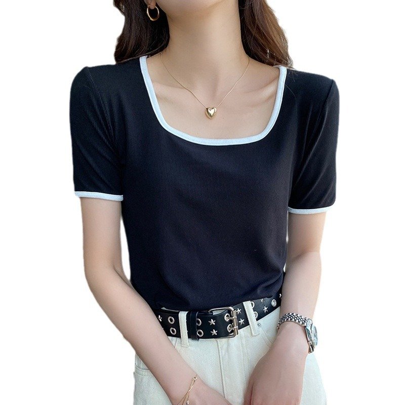 Vapetix S-XXL Selected high elastic thread cotton square collar short-sleeved T-shirt for women in summer new sty – Bild 5