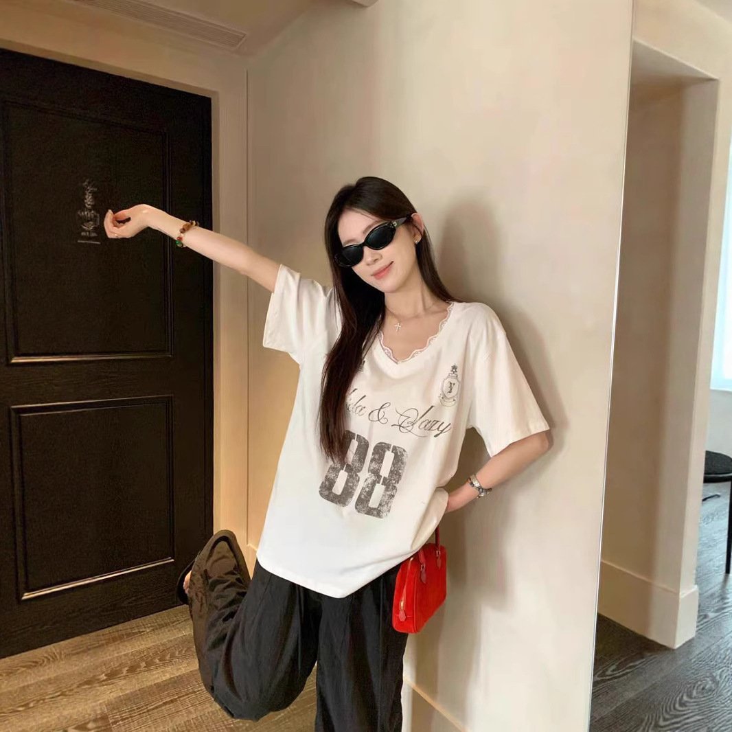 Vapetix S-XL Home Factory American Casual Style Lace Splicing V-Neck Short Sleeve T-Shirt Loose Letter Print Top – Bild 6