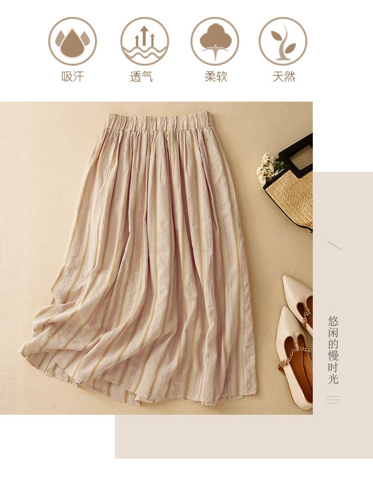Vapetix L-2XL Women's Loose Relaxed A-line Semi-calf Maxi Skirt with Elastic Waist, Striped, 100% Cotton, Fashion - 图片 9