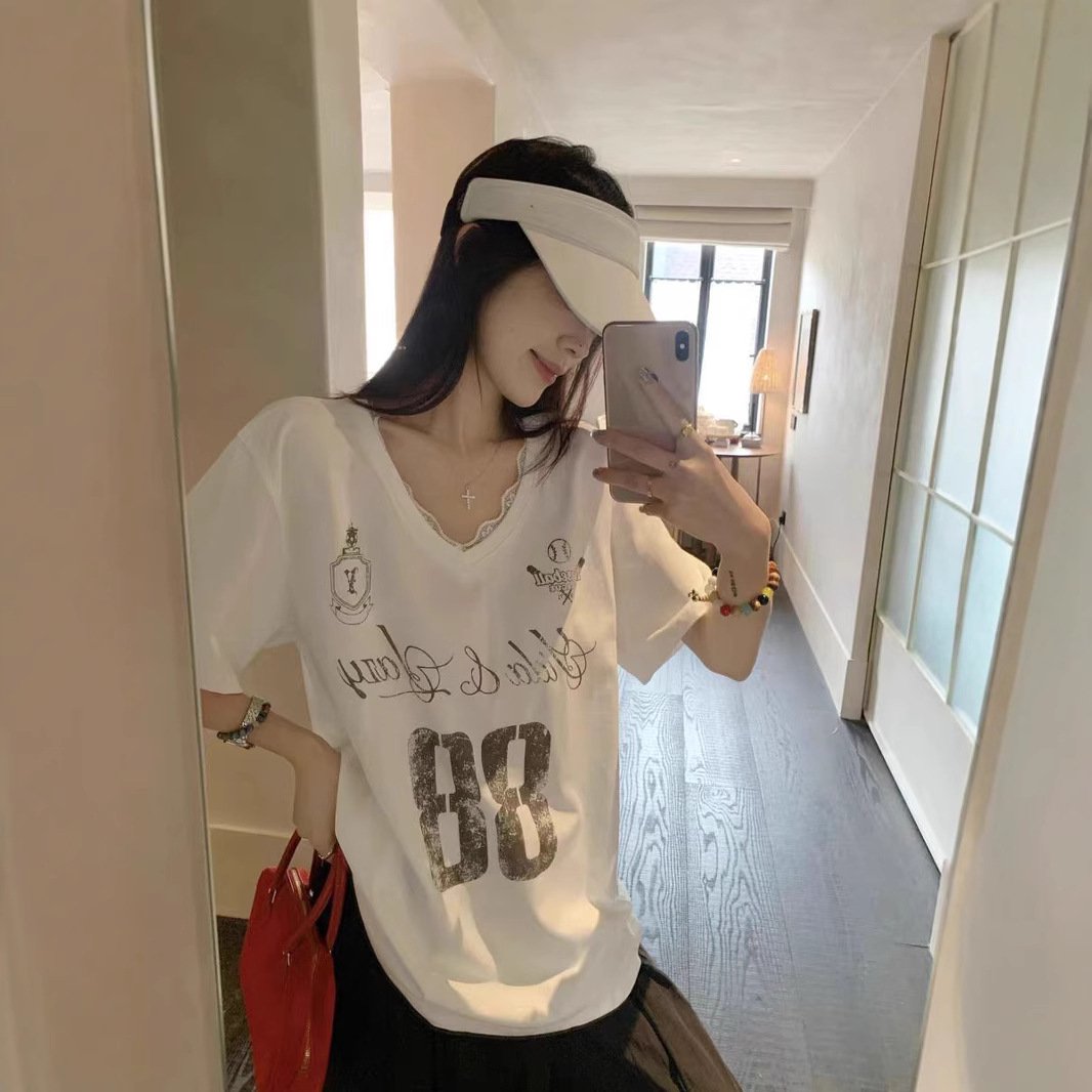 Vapetix S-XL Home Factory American Casual Style Lace Splicing V-Neck Short Sleeve T-Shirt Loose Letter Print Top – Bild 7