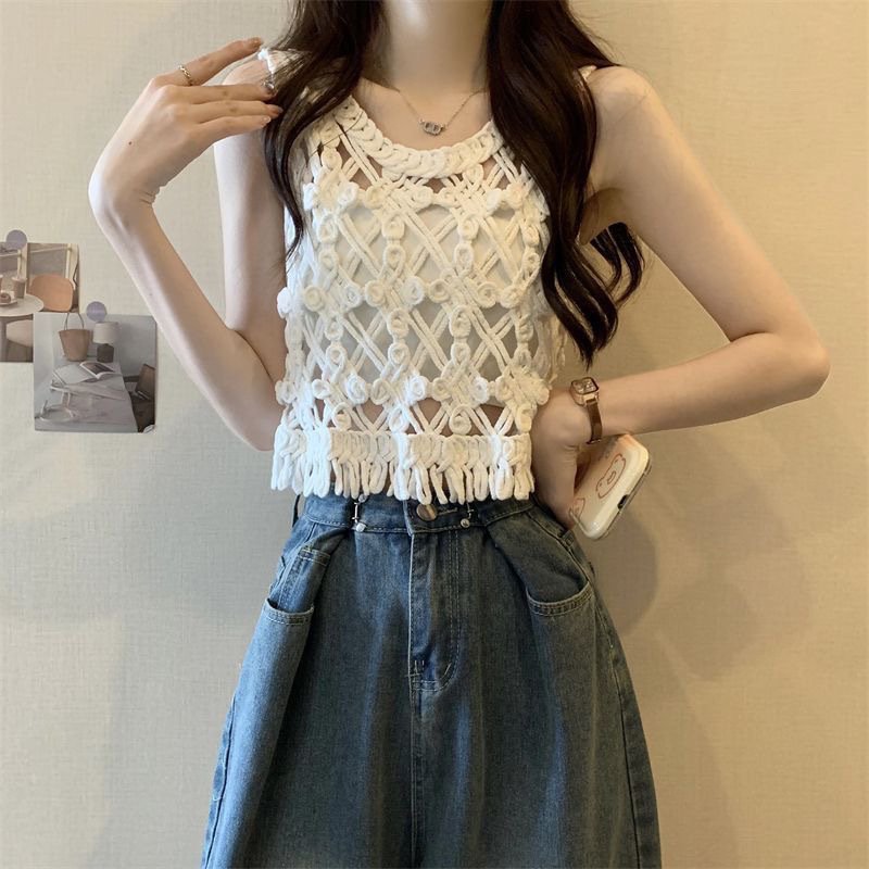 Vapetix S 80-90 pounds-L 105-110 lbs French-style Hollowed-Out Crochet Sleeveless Knitted Camisole Summer Hot Girl Outerwear Vest Tunic – Bild 5