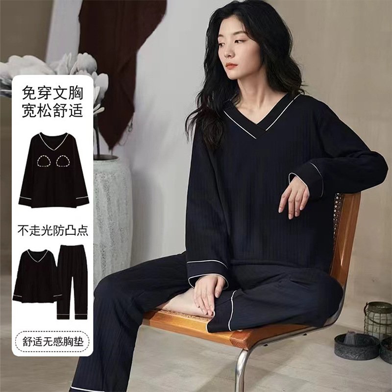 Vapetix M-XXL Ladies' Sleepwear Autumn Cotton-Like with Built-in Bra Cup One-Piece Long-Sleeve Set Spring and Aut – Bild 5