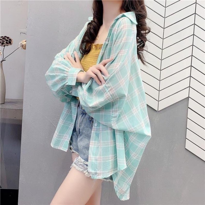 Vapetix XOX-XL Women's Long Sleeve Summer Rayon Sun Protection Check Shirt, Loose Medium Length Thin Jacket Top, K – Bild 6