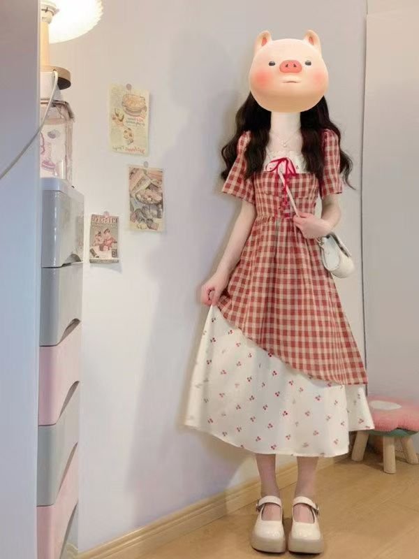 Vapetix S-XL Summer New Japanese Sweet Youthful Red Checkered Dress Lace Splicing Cherry Floral Print Two-Piece – Bild 8