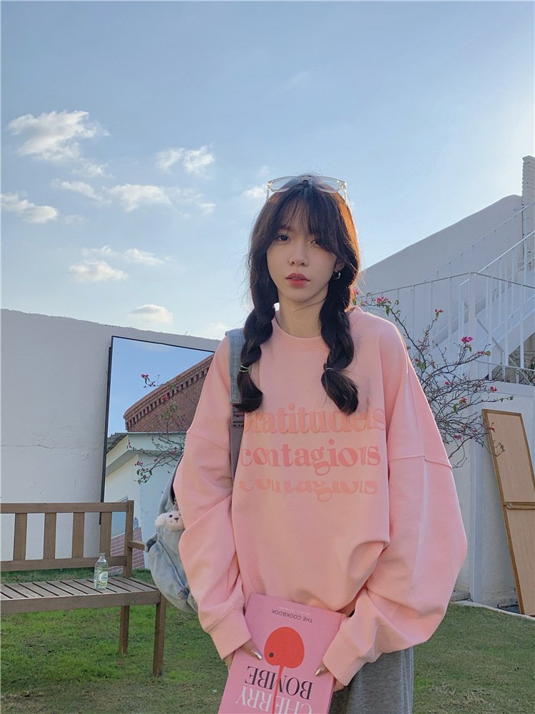 Vapetix Free Size-Free Size Women's Long-Sleeve Padded Sweatshirt with Letter Print for Autumn/Winter, Loose Fit, Casual Studen – Bild 8