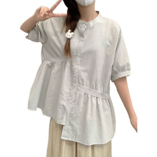Vapetix XXS white spaghetti strap no print-3XL  Japanese-style lazy checkered shirt for women, summer irregular short-sleeve blouse with bubble sle – Bild 5
