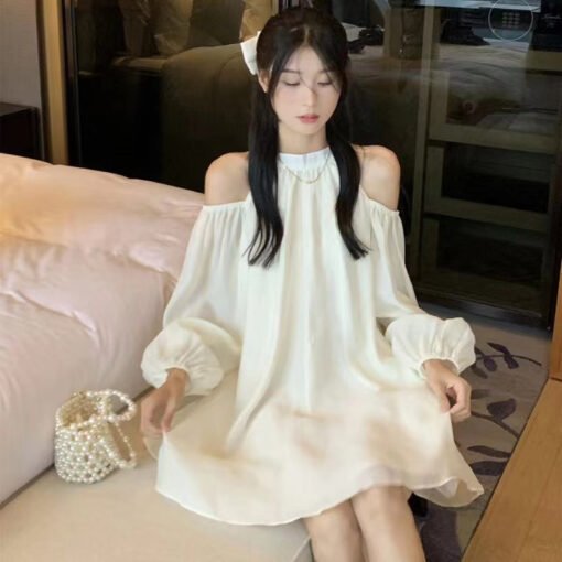 Vapetix S-2XL  Shoulder-Strap V-Neck Design Sensory Dress Autumn 2024 New Loose Fashion Elegant White A-Line Skirt – Bild 5