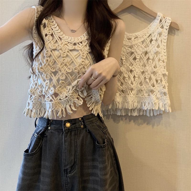 Vapetix S 80-90 pounds-L 105-110 lbs French-style Hollowed-Out Crochet Sleeveless Knitted Camisole Summer Hot Girl Outerwear Vest Tunic – Bild 8