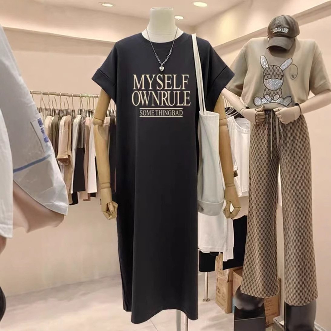 Vapetix M-4XL Flowy Sleeve Lazy Wind Slim Fit Versatile Nightgown Wearable Personality Letter Design Mid-Length L – Bild 9