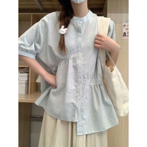 Vapetix XXS white spaghetti strap no print-3XL  Japanese-style lazy checkered shirt for women, summer irregular short-sleeve blouse with bubble sle – Bild 6