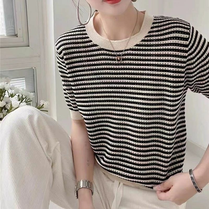 Vapetix Free Size-Free Size Round-neck striped knitted women's short-sleeved hollow-out design cross-border summer new style si - 图片 3