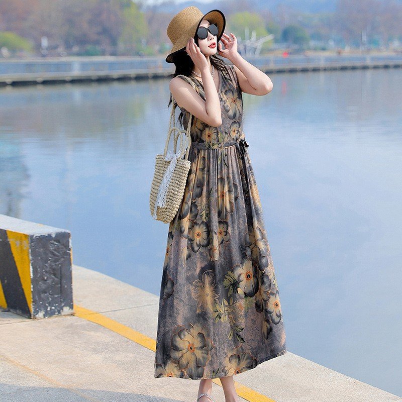 Vapetix XL size suggests 90-115 pounds-5XL suggests 160-175 pounds 2025 Summer Plus Size Cotton Satin Dress with Floral Print, Slimming Mother's Full-Skirted Beach Dr – Bild 8