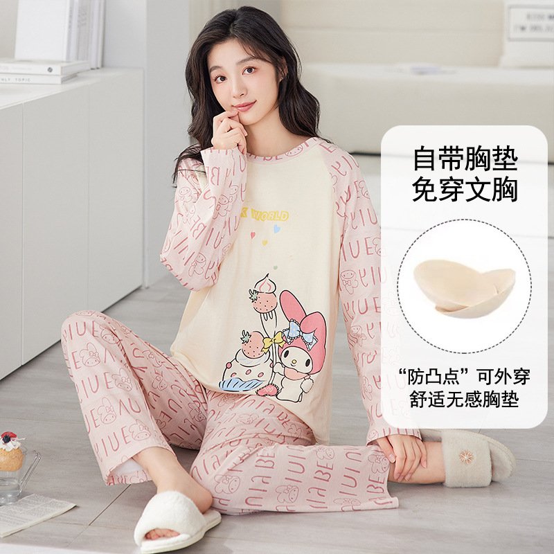 Vapetix M-XXL Ladies' Sleepwear Autumn Cotton-Like with Built-in Bra Cup One-Piece Long-Sleeve Set Spring and Aut – Bild 7