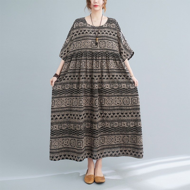 Vapetix L-3XL 2025 Summer Literary Plus Size Loose and Slimming Vintage Print Short Sleeve Long Dress – Bild 7