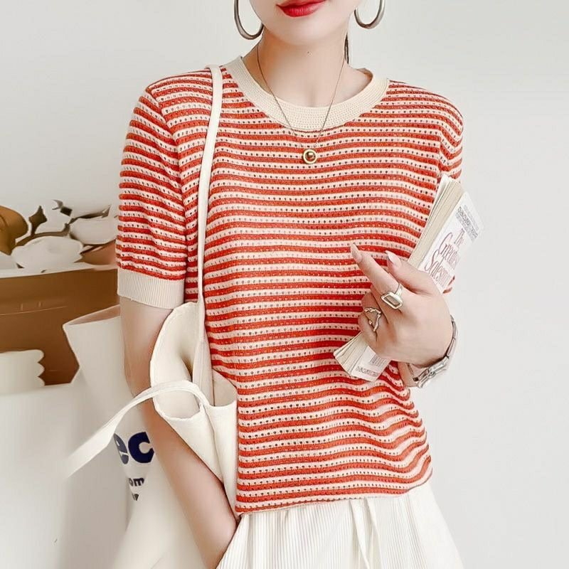 Vapetix Free Size-Free Size Round-neck striped knitted women's short-sleeved hollow-out design cross-border summer new style si - 图片 4