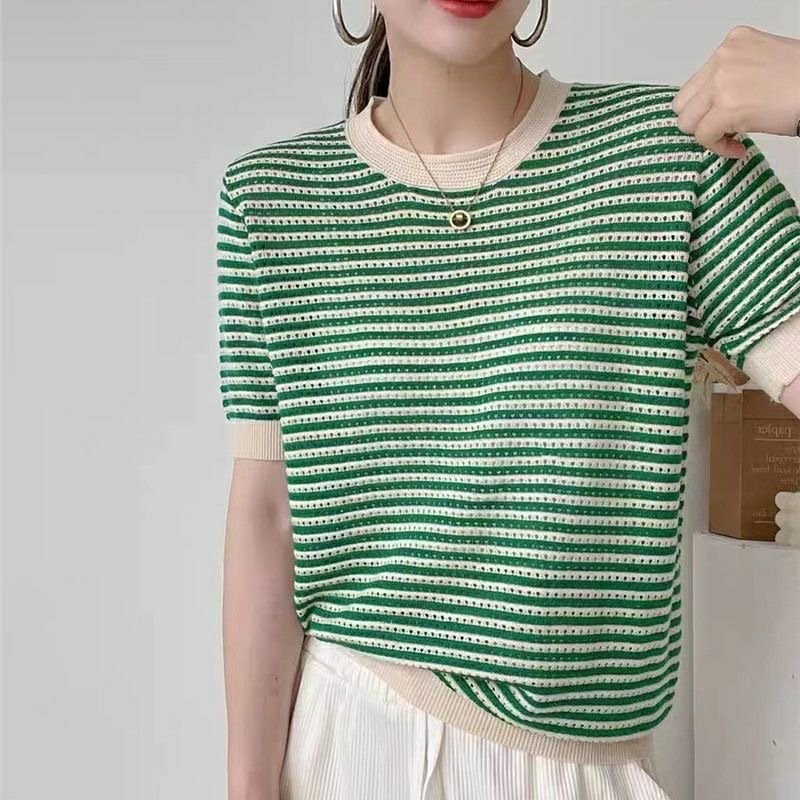 Vapetix Free Size-Free Size Round-neck striped knitted women's short-sleeved hollow-out design cross-border summer new style si - 图片 6