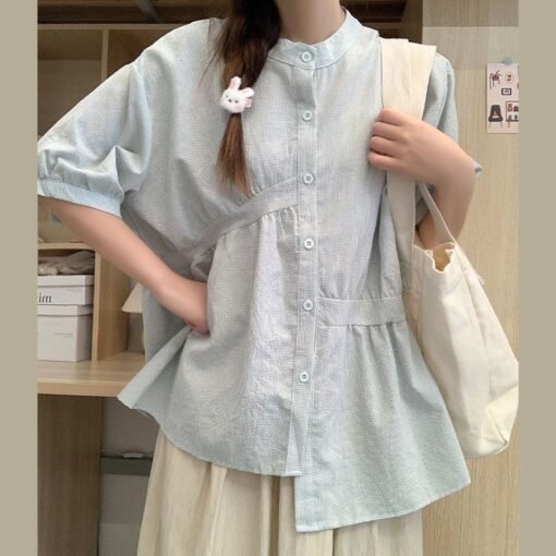 Vapetix XXS white spaghetti strap no print-3XL  Japanese-style lazy checkered shirt for women, summer irregular short-sleeve blouse with bubble sle – Bild 7
