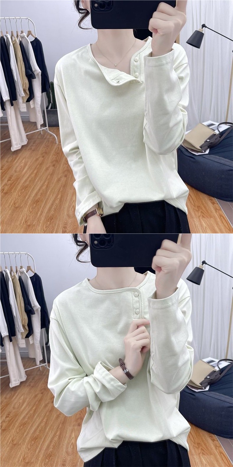 Vapetix XXS-2XL 【170-200 pounds】 Women's Loose and Slimming Fashion Long Sleeve Top with Large Button Design, Autumn Casual Base Shi – Bild 6