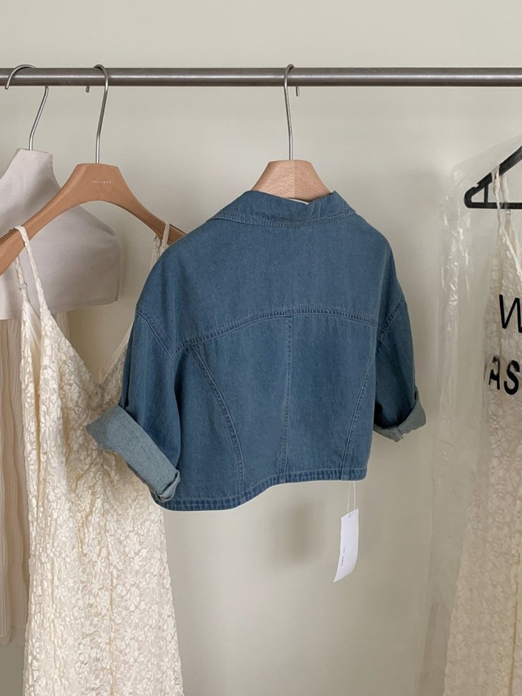 Vapetix ●●XS recommends 75-90 pounds-●●XL Suggests 120-135 Pounds Canton-style short-sleeve denim cardigan high-waisted short jacket for women, summer versatile top, – Bild 5