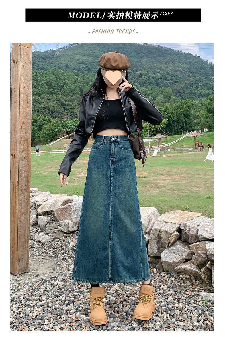 Vapetix XS-2XL Vintage Blue Subtle Slit A-Line Mini Skirt 2025 High-Waisted Hip-Hiding Versatile Medium-Length Den – Bild 7