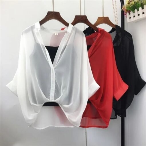 Vapetix M suggests 70-90 pounds-The XL size suggestion is 120-150 pounds.  Summer 2025 Women's Chiffon Shirt Striped Slimming Irregular Hooded Top Two-Piece Bat Sleeve Chiffo – Bild 8