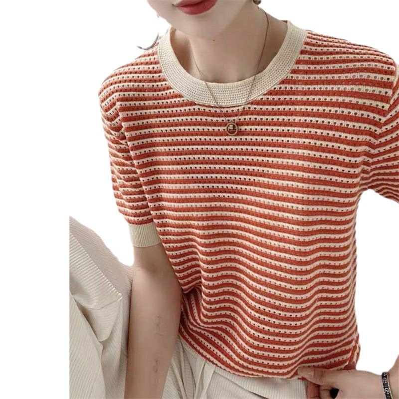 Vapetix Free Size-Free Size Round-neck striped knitted women's short-sleeved hollow-out design cross-border summer new style si - 图片 7
