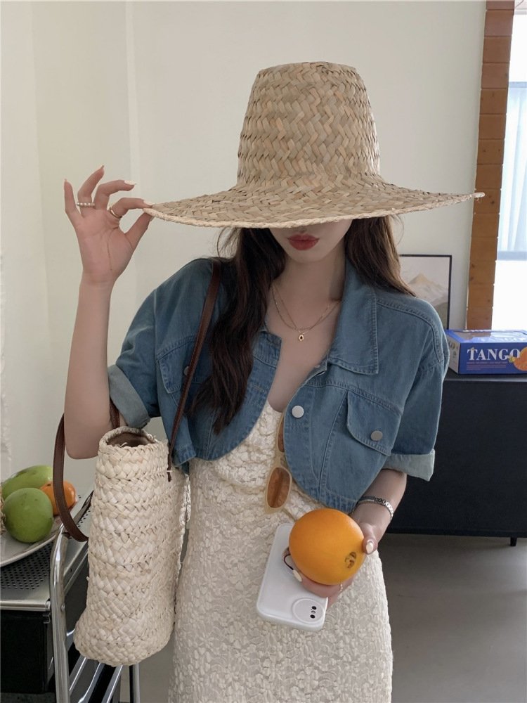 Vapetix ●●XS recommends 75-90 pounds-●●XL Suggests 120-135 Pounds Canton-style short-sleeve denim cardigan high-waisted short jacket for women, summer versatile top, – Bild 7