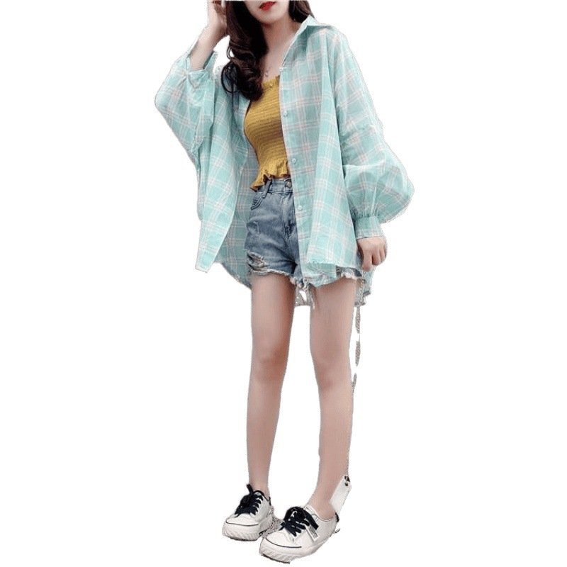 Vapetix XOX-XL Women's Long Sleeve Summer Rayon Sun Protection Check Shirt, Loose Medium Length Thin Jacket Top, K – Bild 9