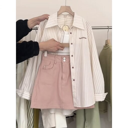 Vapetix ●M 【Suggested 40-50 kg】●-● 4XL 【Suggested for 180-200 lbs】●  Summer Gentle Style Women's Korean Version Tank Top Loose Striped Shirt Slimming Skirt Three-Piece – Bild 5