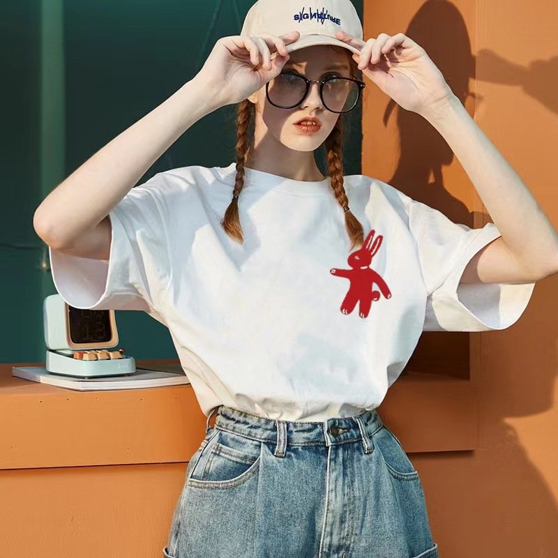 Vapetix M-XXXL Cotton Summer Women's Short Sleeve T-Shirt 2024 New Korean Style Loose Round Neck Basic Top Foreign – Bild 8