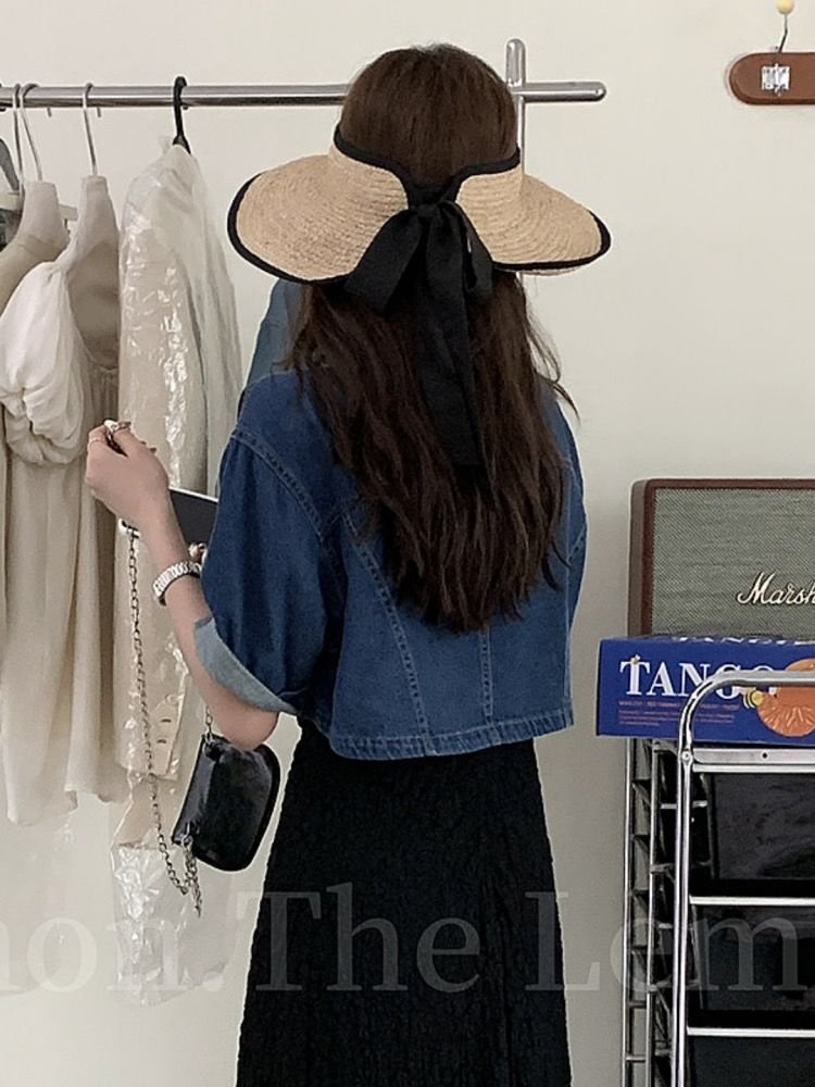 Vapetix ●●XS recommends 75-90 pounds-●●XL Suggests 120-135 Pounds Canton-style short-sleeve denim cardigan high-waisted short jacket for women, summer versatile top, – Bild 8