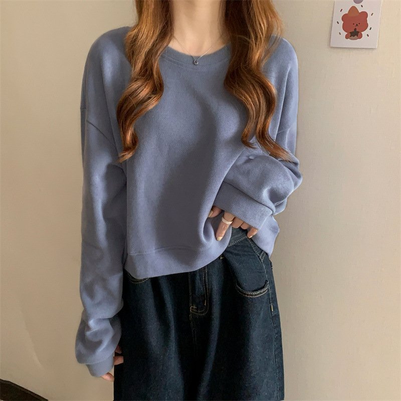 Vapetix Free Size-Free Size Short sleeve round neck women's autumn winter Korean style simple solid color loose Hong Kong style – Bild 8