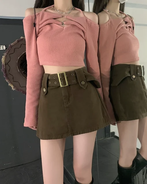 Vapetix S-XL  Real shot of hot girl American denim skirt female design slimming belt A-line anti-exposure shorts