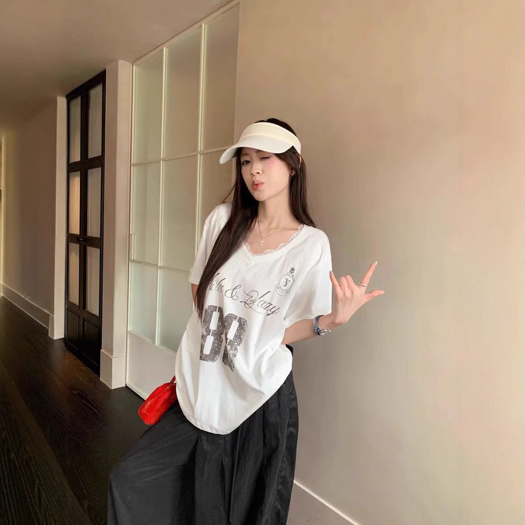 Vapetix S-XL Home Factory American Casual Style Lace Splicing V-Neck Short Sleeve T-Shirt Loose Letter Print Top – Bild 8