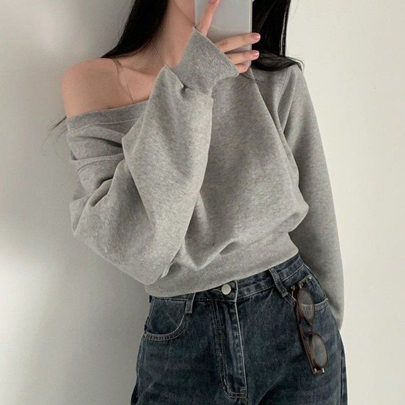 Vapetix Universal size (suitable for 90-130 lbs)-Universal size (suitable for 90-130 lbs) Thin pure-color basic top with elegant one-shoulder off-shoulder loose casual women's top women's s – Bild 9