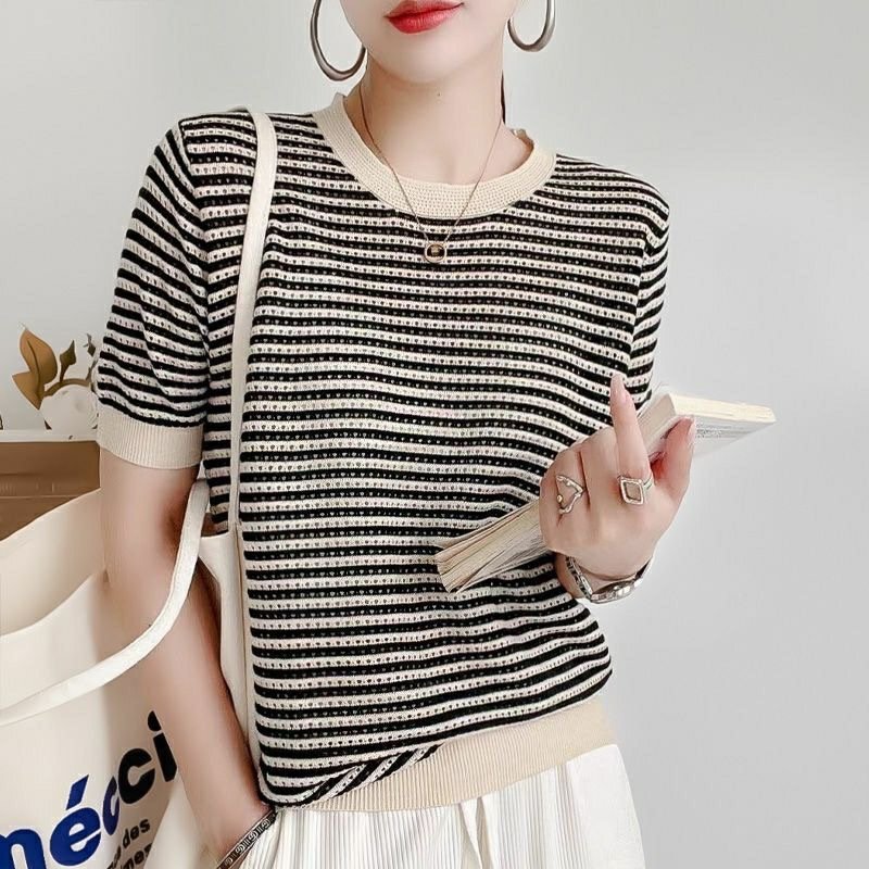 Vapetix Free Size-Free Size Round-neck striped knitted women's short-sleeved hollow-out design cross-border summer new style si - 图片 9