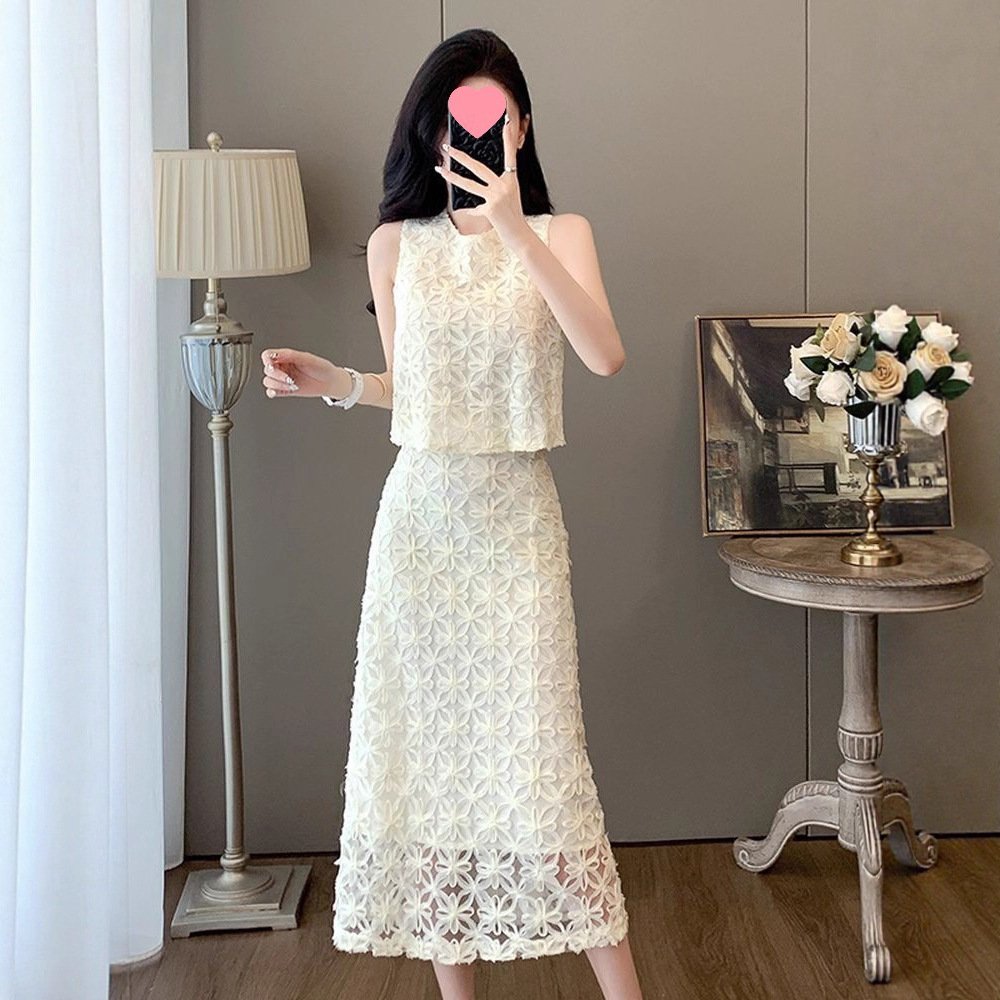 Vapetix M suggests 95-105 pounds-Suggests 135-150 lbs for 3XL Off-white French-style sleeveless lace two-piece dress for women: summer waist-defined, figure-flat – Bild 8