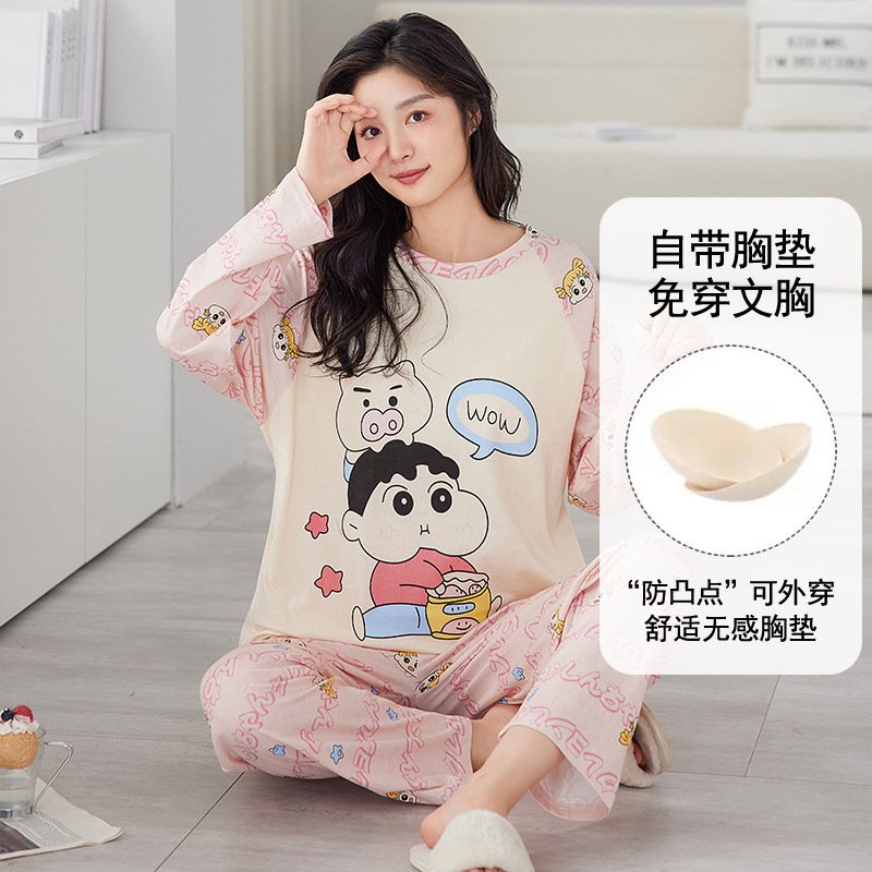 Vapetix M-XXL Ladies' Sleepwear Autumn Cotton-Like with Built-in Bra Cup One-Piece Long-Sleeve Set Spring and Aut – Bild 9