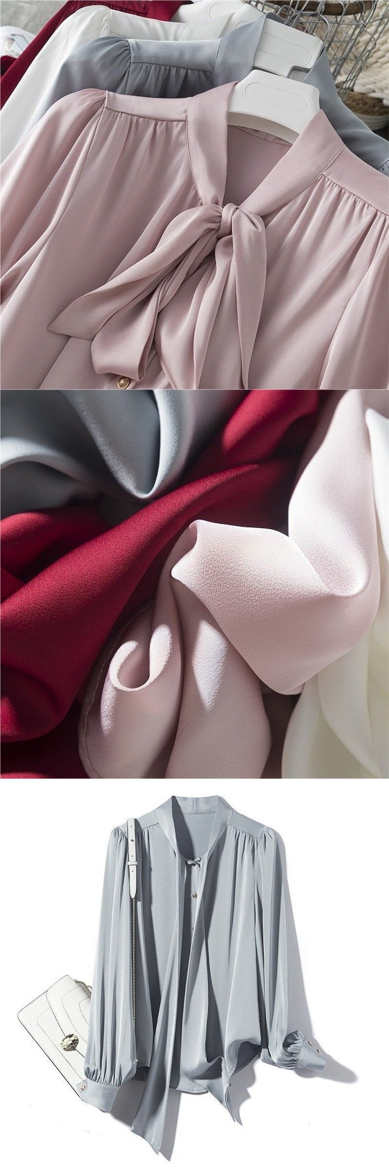 Vapetix ❥ ఇ S-❥ ఇ 3XL Spring Fashion Design Women's Satin Texture Long Sleeve Draped Belted Shirt Commuter Blouse with Bu – Bild 8