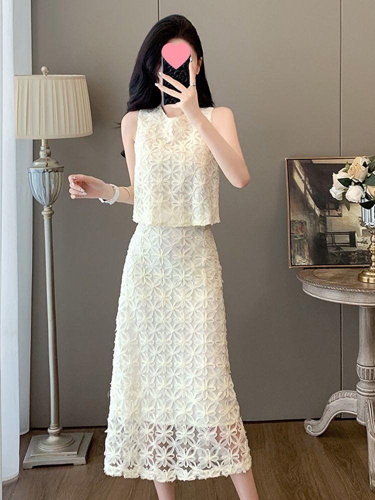 Vapetix M suggests 95-105 pounds-Suggests 135-150 lbs for 3XL Off-white French-style sleeveless lace two-piece dress for women: summer waist-defined, figure-flat – Bild 9